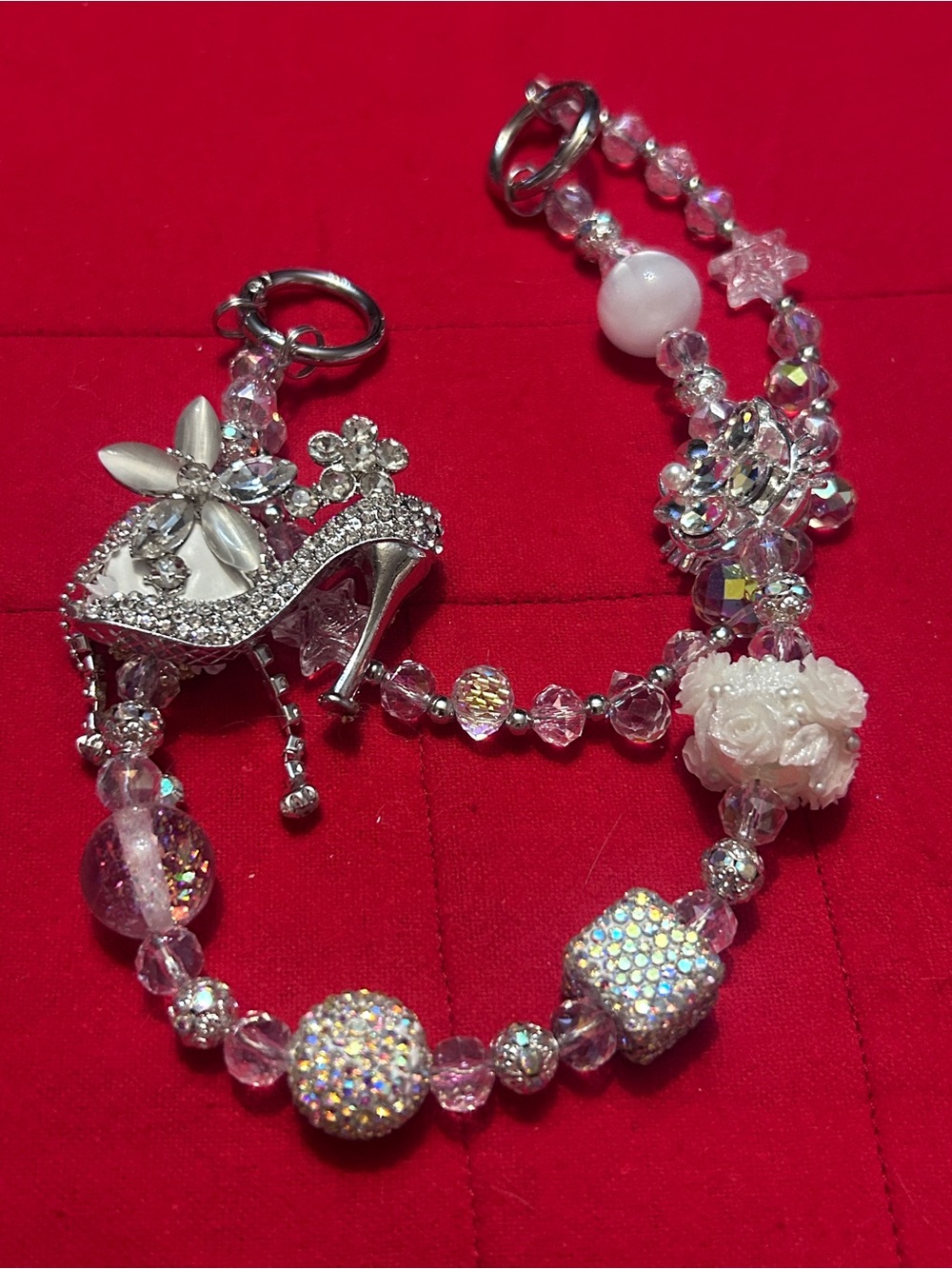 Silver Crystal High Hel Bag Charm Pin — Rhinestone Floral Accent